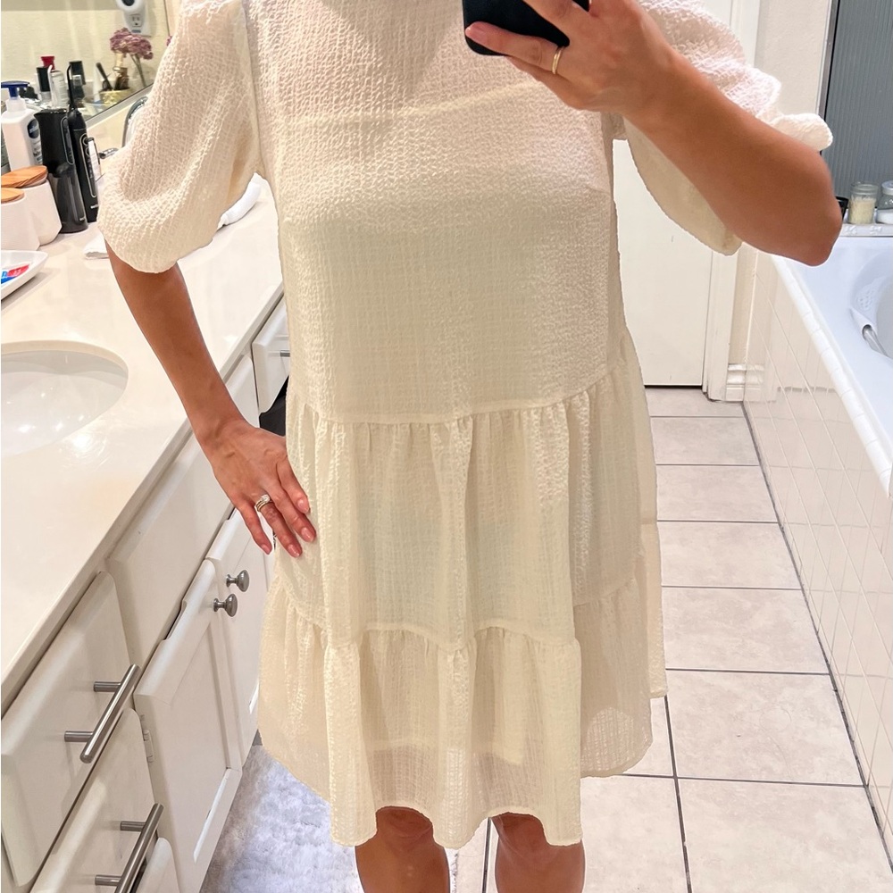H&M Cream Textured Mini Dress with under slip